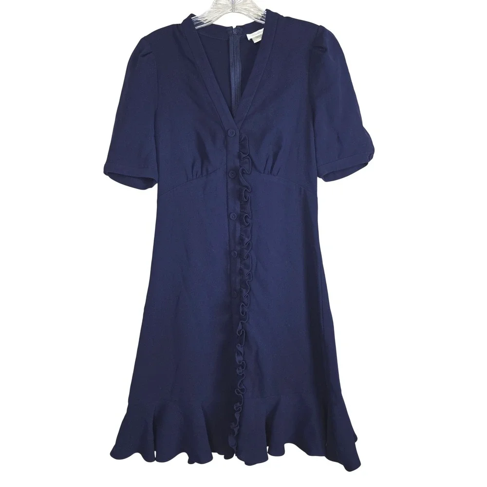 Shoshanna Spiaggia Dress Navy Blue Ruffle Button Front Short Sleeve Mini Size 2